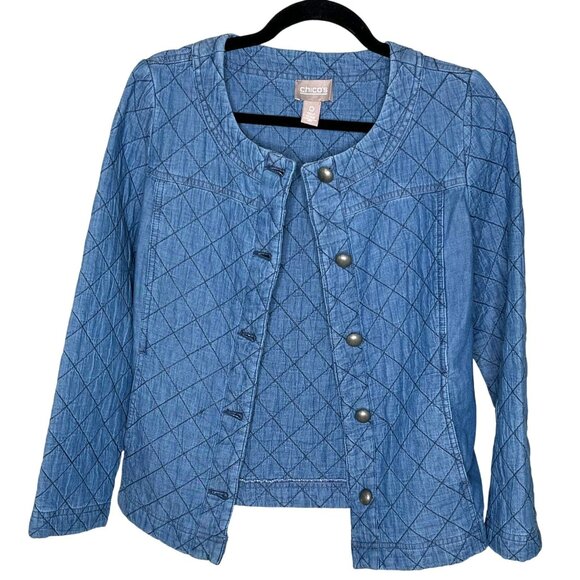 Chico's Quilted Denim-Look Jacket Size 0 (Small) Button Front Blue Lightweight - Picture 9 of 13